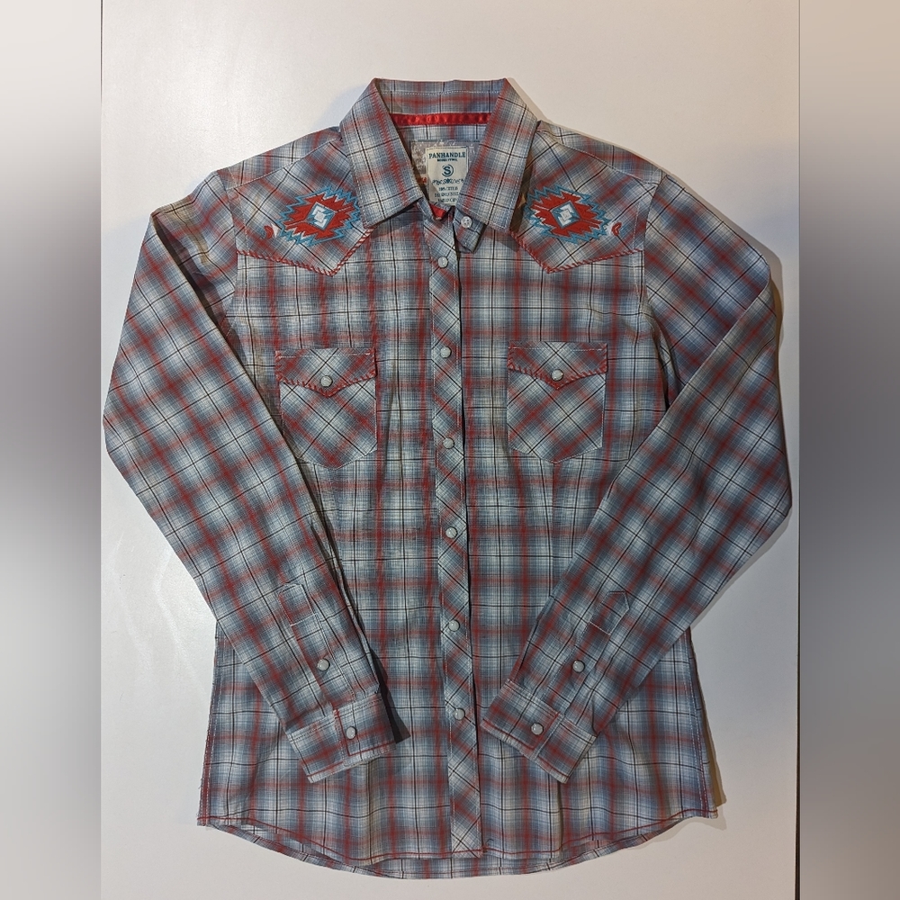 Panhandle Rough Stock Women's Size Small Plaid Long Sleeve Pearl Snap